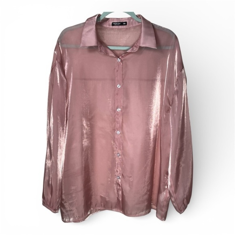 Shein Rose Gold Metallic Satin Feel Shimmer Sheer Button Up Polyester Blouse 1XL